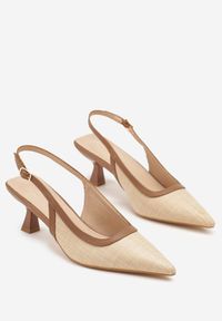 Renee - Beżowe Plecione Sandały Slingback na Obcasie Typu Kaczuszka Kosenela. Okazja: na co dzień, na spotkanie biznesowe, do pracy. Nosek buta: szpiczasty. Kolor: beżowy. Obcas: na obcasie. Styl: biznesowy, elegancki, casual. Wysokość obcasa: średni #4