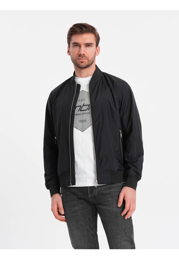 Ombre Clothing - Kurtka męska bomberka szwedka - czarna V7 - Rozmiar: S. Okazja: na co dzień. Kolor: czarny. Materiał: żakard, poliester, materiał. Wzór: gładki, jednolity. Styl: klasyczny, casual