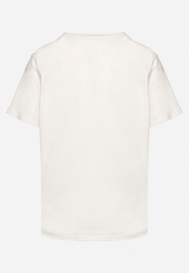Born2be - Biały Bawełniany T-shirt Ozdobiony Napisem Nalaviraen. Okazja: na co dzień, na spacer, na randkę. Kolor: biały. Materiał: bawełna. Wzór: napisy, aplikacja. Styl: elegancki, casual