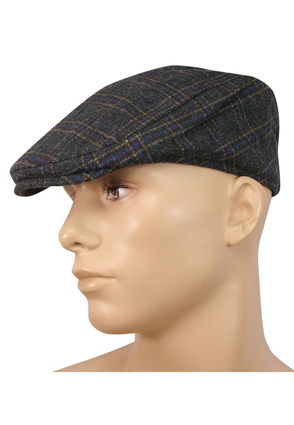 Kaszkiet, Popielaty w Granatową Dużą Kratkę, Jesienno-Zimowy, Ocieplany, z Gumką -Pako Jeans- Męski. Kolor: niebieski, wielokolorowy, szary. Materiał: poliester, wełna. Wzór: kratka. Sezon: jesień, zima