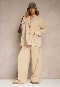 Renee - Beżowe Spodnie Low Waist z Modalu z Szeroką Nogawką Reanelira. Okazja: na co dzień. Stan: obniżony. Kolor: beżowy. Styl: klasyczny, elegancki, casual #4