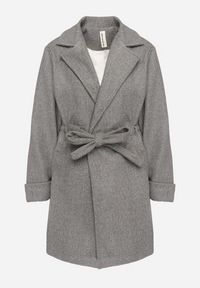 Born2be - Ciemnoszary Płaszcz o Szlafrokowym Kroju z Marszczeniem w Talii i Wiązanym Paskiem Sartissa. Okazja: na co dzień. Kolor: szary. Materiał: jeans. Długość rękawa: długi rękaw. Długość: długie. Styl: casual, elegancki, klasyczny #4