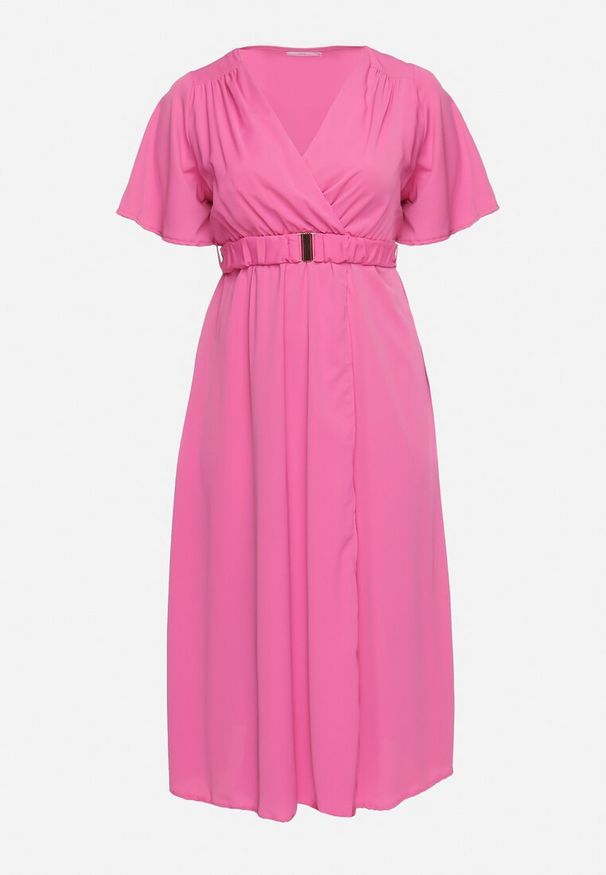 Born2be - Różowa Sukienka z Kopertowym Dekoltem z Gumką w Pasie i Paskiem z Metalową Klamerką Teseri. Typ kołnierza: dekolt kopertowy. Kolor: różowy. Wzór: aplikacja. Typ sukienki: kopertowe