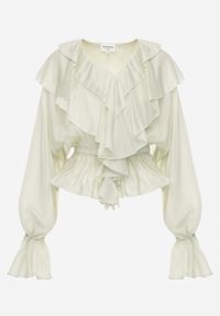 Born2be - Zielona Bluzka Elegancka z Falbanami z Rozszerzanymi Rękawami Irintora. Okazja: na co dzień. Kolor: zielony. Materiał: jeans. Długość: długie. Styl: elegancki #5