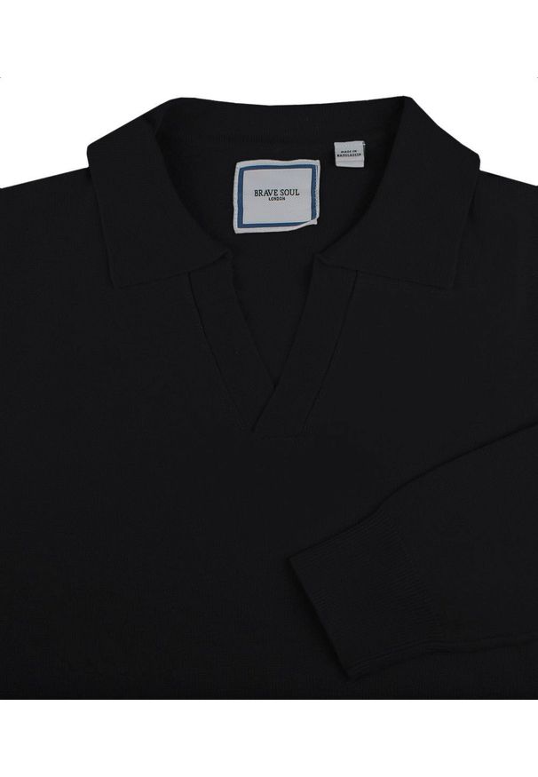 Męski, Lekki Sweter z Otwartym Kołnierzykiem Polo - Brave Soul - Czarny. Typ kołnierza: polo. Kolor: czarny. Materiał: wiskoza, poliester, poliamid