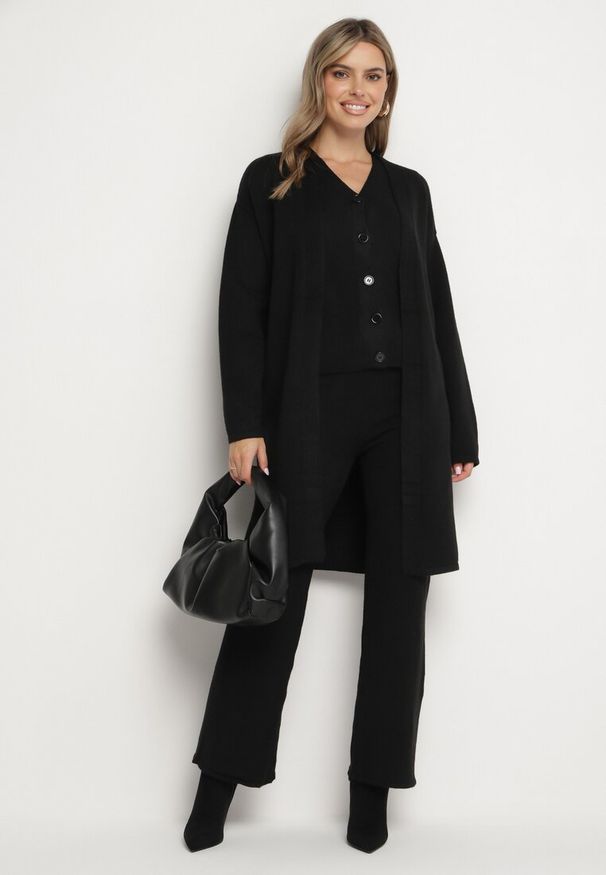 Born2be - Czarny Dzianinowy Komplet z Wełną Kardigan Top i Szerokie Spodnie Daivonne. Kolor: czarny. Materiał: dzianina, wełna