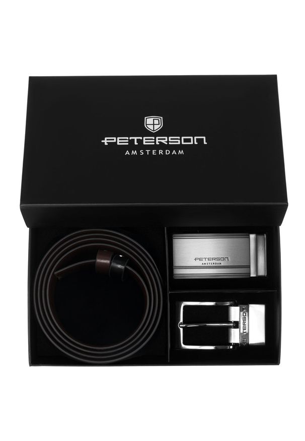 Zestaw prezentowy: dwustronny pasek skórzany w brązowym i czarnym kolorze z wymiennymi klamrami Peterson PTN KL-B006S001. Kolor: czarny, wielokolorowy, brązowy. Materiał: skóra. Styl: elegancki