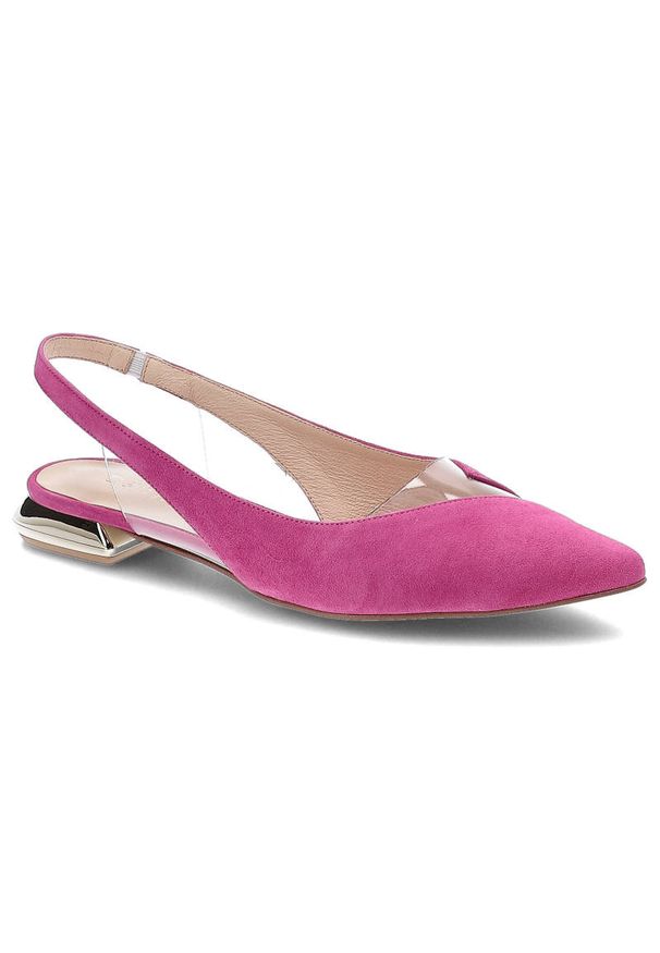 DAMISS - Różowe Sandały Damiss Eleganckie Buty Na Lato. Nosek buta: szpiczasty. Zapięcie: pasek. Kolor: różowy. Wzór: geometria. Materiał: zamsz. Sezon: lato. Obcas: na obcasie. Styl: elegancki. Wysokość obcasa: niski