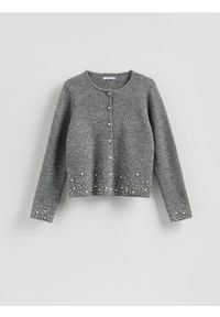 Reserved - Kardigan z aplikacją - szary. Kolor: szary. Materiał: dzianina, wełna. Wzór: aplikacja #1