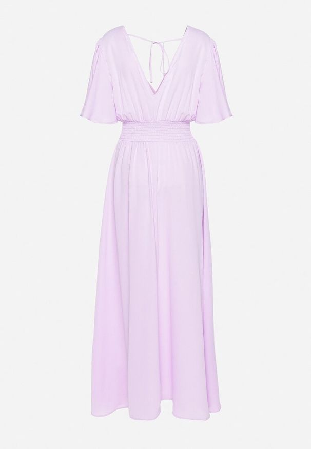 Born2be - Jasnofioletowa Sukienka z Rozkloszowanymi Rękawami Gumką w Pasie i Wiązaniem na Plecach Larielle. Okazja: na imprezę, na co dzień. Typ kołnierza: dekolt w kształcie V. Kolor: fioletowy. Materiał: bawełna. Typ sukienki: proste. Styl: elegancki, casual