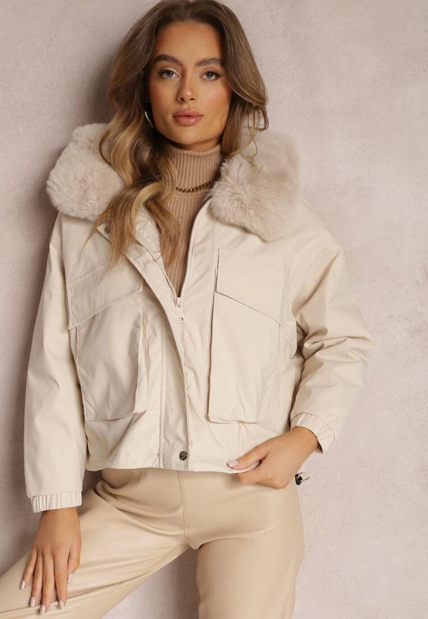 Renee - Jasnobeżowa Kurtka z Futerkiem Morgaia. Kolor: beżowy. Materiał: futro. Styl: klasyczny, elegancki