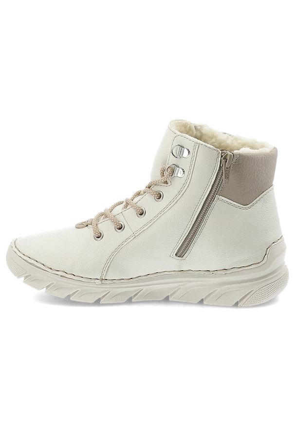 Białe Botki Rieker Ocieplane Obuwie Damskie. Okazja: na spacer, na co dzień. Zapięcie: sznurówki. Kolor: biały. Materiał: materiał, syntetyk. Sezon: zima, jesień. Styl: casual