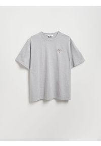 Reserved - T-shirt boxy z nadrukiem na plecach - jasnoszary. Kolor: szary. Materiał: dzianina, bawełna, włókno. Wzór: nadruk #1