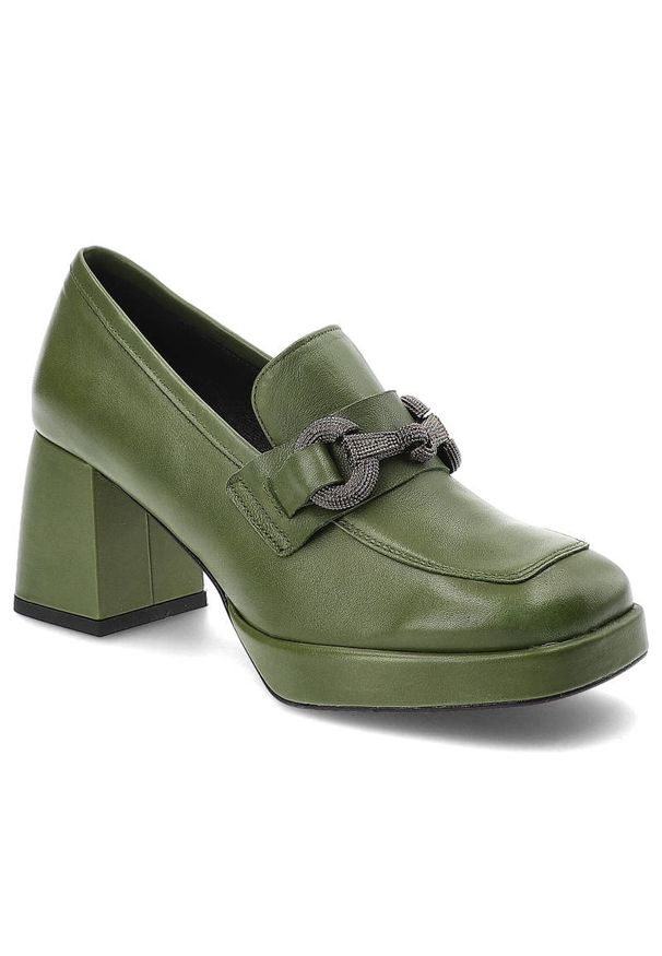 Zielone Półbuty Karino Eleganckie Skórzane Buty Na Obcasie. Kolor: zielony. Materiał: skóra. Szerokość cholewki: normalna. Obcas: na obcasie. Styl: elegancki. Wysokość obcasa: średni