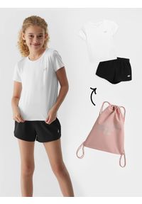 4F JUNIOR - Komplet sportowy szybkoschnący na WF (koszulka+spodenki+worek) dziewczęcy. Kolor: wielokolorowy. Materiał: dzianina, materiał. Wzór: nadruk. Styl: sportowy