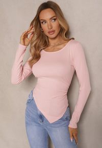 Renee - Różowa Bluzka Ozdobiona Asymetrycznym Dołem Tatolena. Okazja: na co dzień. Kolor: różowy. Materiał: jeans. Wzór: aplikacja. Styl: klasyczny, elegancki, casual