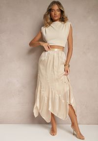 Renee - Beżowa Spódnica o Rozkloszowanym Kroju z Błyszczącą Nitką Lumorisse. Okazja: na co dzień, na imprezę. Kolor: beżowy. Styl: elegancki, casual