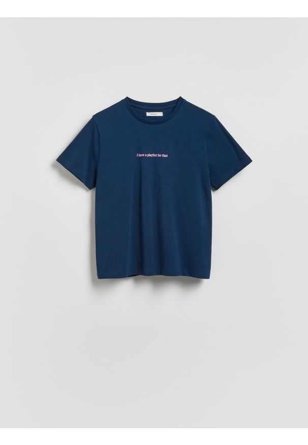 Reserved - T-shirt z napisem - granatowy. Kolor: niebieski. Materiał: bawełna. Wzór: napisy