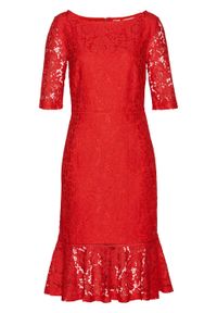 Sukienka koronkowa z falbaną w dolnej części bonprix czerwony sygnałowy. Kolor: czerwony. Materiał: koronka. Wzór: koronka #1