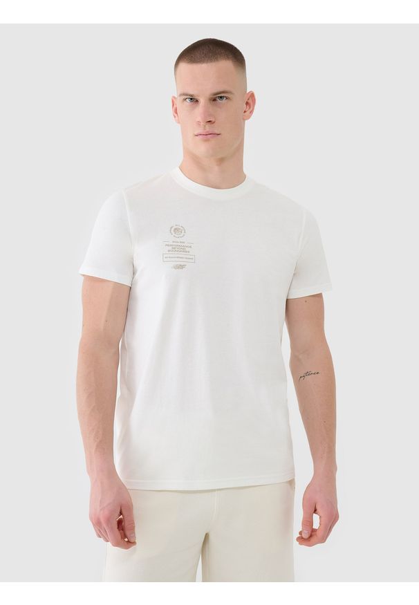 4f - 4F T-shirt regular z nadrukiem męski - beżowy M. Okazja: na co dzień. Kolor: beżowy. Materiał: dzianina, bawełna, jersey. Długość rękawa: krótki rękaw. Długość: krótkie. Wzór: nadruk. Styl: klasyczny, sportowy, casual