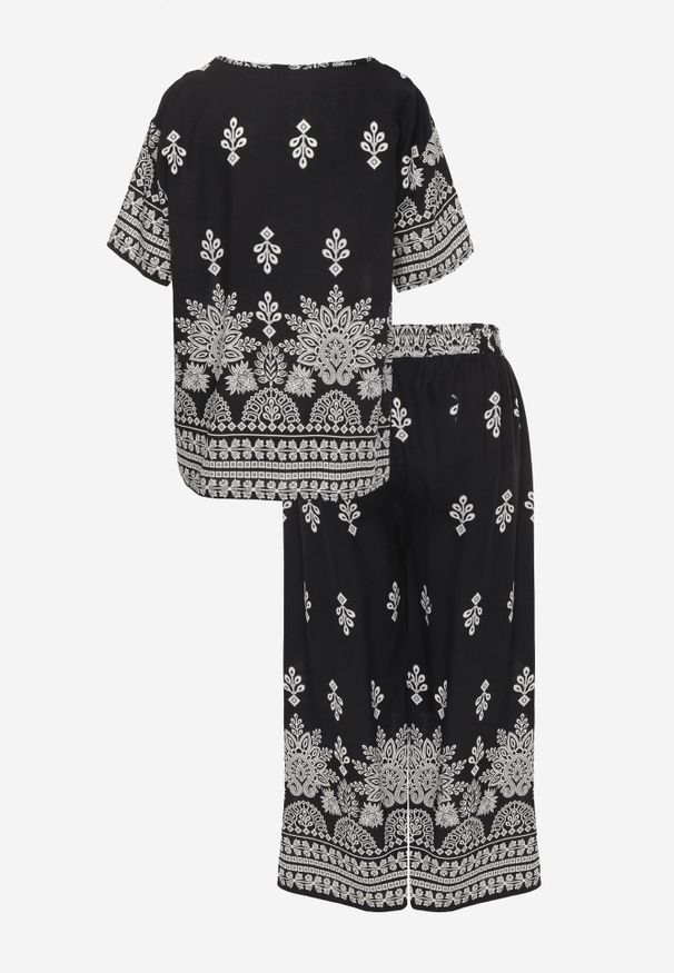 Born2be - Czarny Komplet Wiskozowy Szerokie Spodnie i Luźna Bluzka z Nadrukiem Paisley Thela. Kolekcja: plus size. Kolor: czarny. Materiał: wiskoza. Wzór: nadruk, paisley