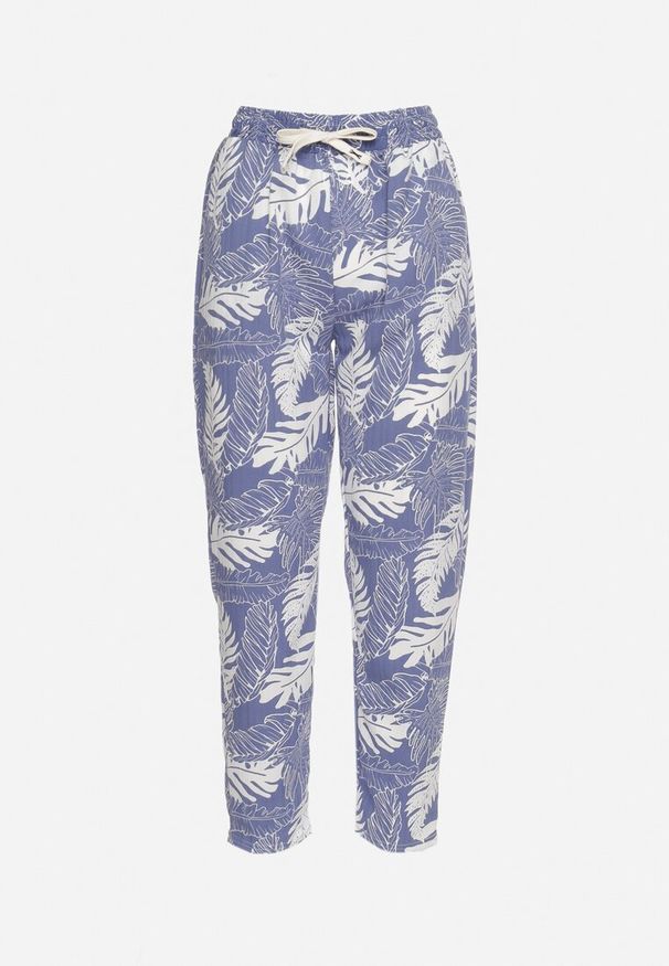 Born2be - Niebieskio-Białe Spodnie z Wysokim Stanem z Kieszeniami we Florystyczny Print Givona. Okazja: na spacer. Stan: podwyższony. Kolor: niebieski. Materiał: tkanina. Wzór: nadruk. Sezon: lato