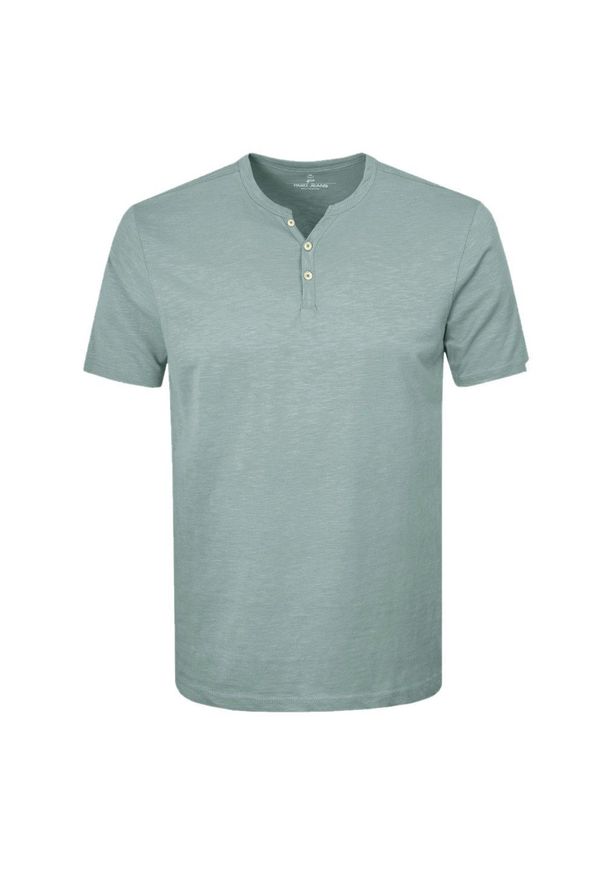 T-Shirt, Dekolt na Guziki -Pako Jeans- Lekki Melanż - Miętowa. Okazja: na co dzień. Kolor: miętowy. Materiał: bawełna. Wzór: melanż. Styl: casual