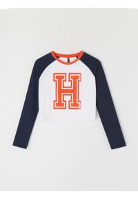 Sinsay - Crop top z długim rękawem raglanowym i nadrukiem - granatowy. Kolor: niebieski. Długość rękawa: długi rękaw. Długość: długie. Wzór: nadruk