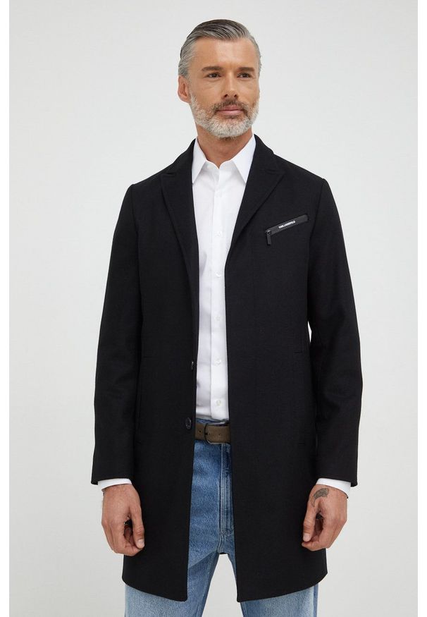 Karl Lagerfeld płaszcz wełniany 523799.455082 kolor czarny przejściowy. Kolor: czarny. Materiał: wełna. Styl: klasyczny