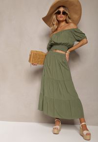 Renee - Zielony Letni Komplet z Wiskozy z Rozkloszowaną Spódnicą i Bluzką z Hiszpańskim Dekoltem Rallissa. Kolor: zielony. Materiał: wiskoza #1