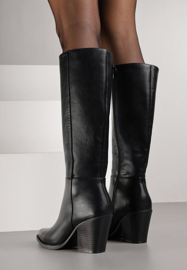 Born2be - Czarne Eleganckie Kozaki do Kolana na Stożkowym Obcasie z Noskiem w Szpic Seolina. Okazja: na co dzień, na spotkanie biznesowe, do pracy. Kolor: czarny. Obcas: na obcasie. Styl: elegancki. Wysokość obcasa: średni