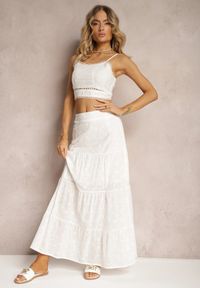 Renee - Biały Boho Komplet Top z Haftowanej Tkaniny Spódnica z Gumką w Talii i Falbanką Worpia. Kolor: biały. Materiał: tkanina. Wzór: haft #3