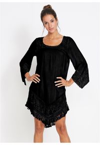 bonprix - Tunika plażowa z koronką, z wiskozy. Okazja: na plażę. Kolor: czarny. Materiał: wiskoza, koronka. Wzór: koronka #1