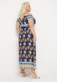 Born2be - Granatowa Sukienka Bawełniana z Gumką w Talii i Mozaikowym Wzorem Vestra. Kolor: niebieski. Materiał: bawełna. Sezon: lato