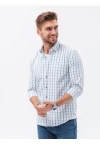 Ombre Clothing - Bawełniana koszula męska w kratę REGULAR FIT - biało-niebieska V2 K637 - L. Kolor: biały. Materiał: bawełna. Wzór: nadruk #3
