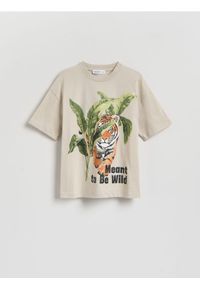 Reserved - Bawełniany t-shirt z nadrukiem - beżowy. Kolor: beżowy. Materiał: bawełna. Wzór: nadruk #1