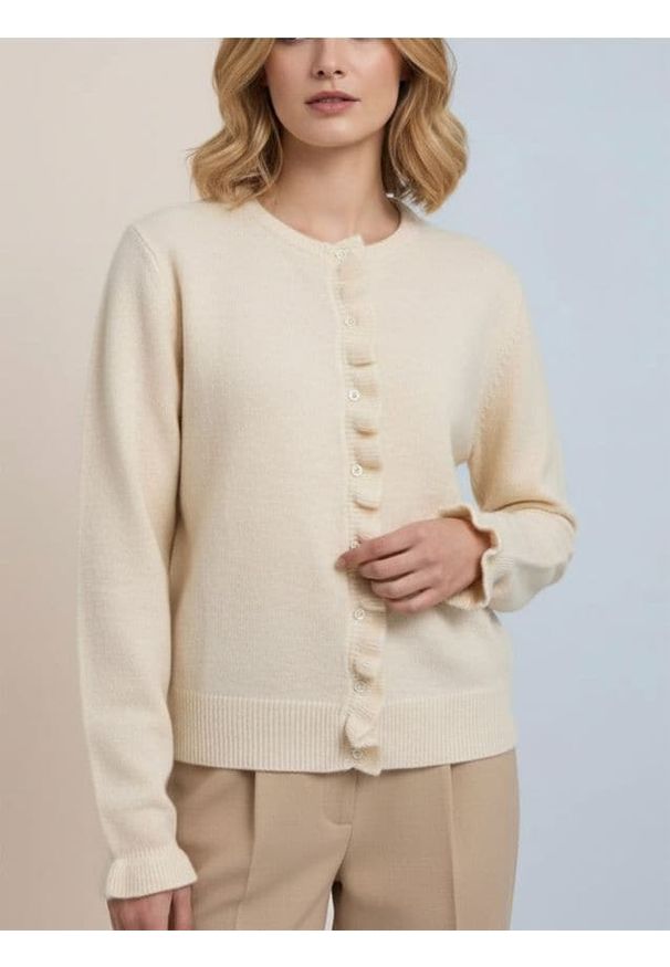 Sinsay - Kardigan z falbaną przy zapięciu - beżowy. Kolor: beżowy