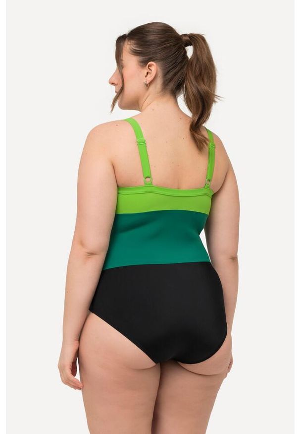 ULLA POPKEN - Damski Kostium kąpielowy szerokie kolorowe pasy miękkie miseczki wycięcia. Kolekcja: plus size. Kolor: czarny. Materiał: elastan, poliamid, materiał. Wzór: kolorowy