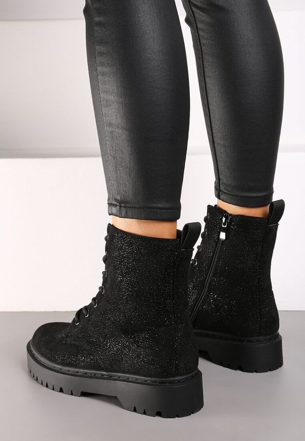 Born2be - Czarne Płaskie Sznurowane Botki w Stylu Workerów z Brokatem Lilaza. Zapięcie: sznurówki. Kolor: czarny. Materiał: jeans. Obcas: na obcasie. Styl: elegancki. Wysokość obcasa: niski