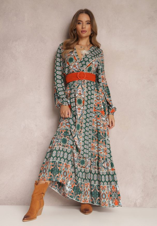 Renee - Zielona Sukienka Rozkloszowana z Paskiem Shara. Okazja: na plażę, na spacer. Kolor: zielony. Materiał: materiał, tkanina. Typ sukienki: kopertowe. Styl: boho. Długość: maxi