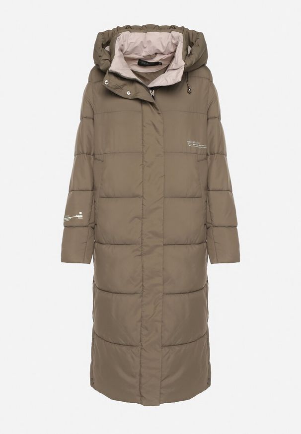 Born2be - Ciemnozielona Długa Kurtka Pikowana z Kapturem i Bocznymi Suwakami Aruvitta. Okazja: na co dzień. Typ kołnierza: kaptur. Kolor: zielony. Materiał: zamsz, jeans, dresówka, poliester. Długość: długie. Wzór: ze splotem. Styl: sportowy, casual, elegancki