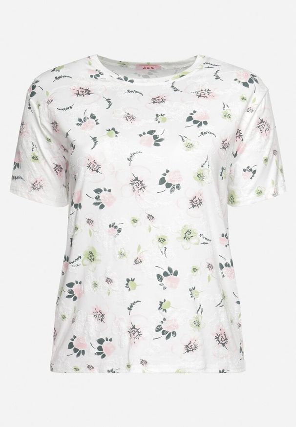 Born2be - Biały T-shirt Koszulka z Krótkim Rękawem w Kwiaty Nleessa. Okazja: na co dzień. Kolekcja: plus size. Kolor: biały. Materiał: jeans. Długość rękawa: krótki rękaw. Długość: krótkie. Wzór: kwiaty. Styl: elegancki, casual