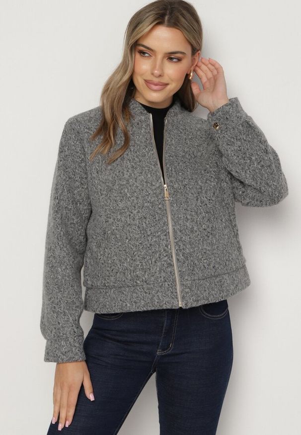 Born2be - Szara Kurtka Ocieplana z Suwakiem Nerelivia. Kolor: szary. Materiał: jeans. Wzór: aplikacja. Styl: elegancki