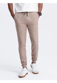 Ombre Clothing - Męskie spodnie dresowe ze strukturalnej dzianiny - kawowe V2 OM-PASK-0211 - XXL. Materiał: dzianina, dresówka. Wzór: aplikacja, melanż, ze splotem. Styl: elegancki #5