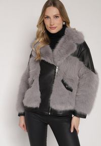 Born2be - Szara Kurtka Ramoneska z Futrzanymi Wstawkami Seore. Okazja: na co dzień. Kolor: szary. Materiał: futro. Styl: casual, klasyczny, elegancki