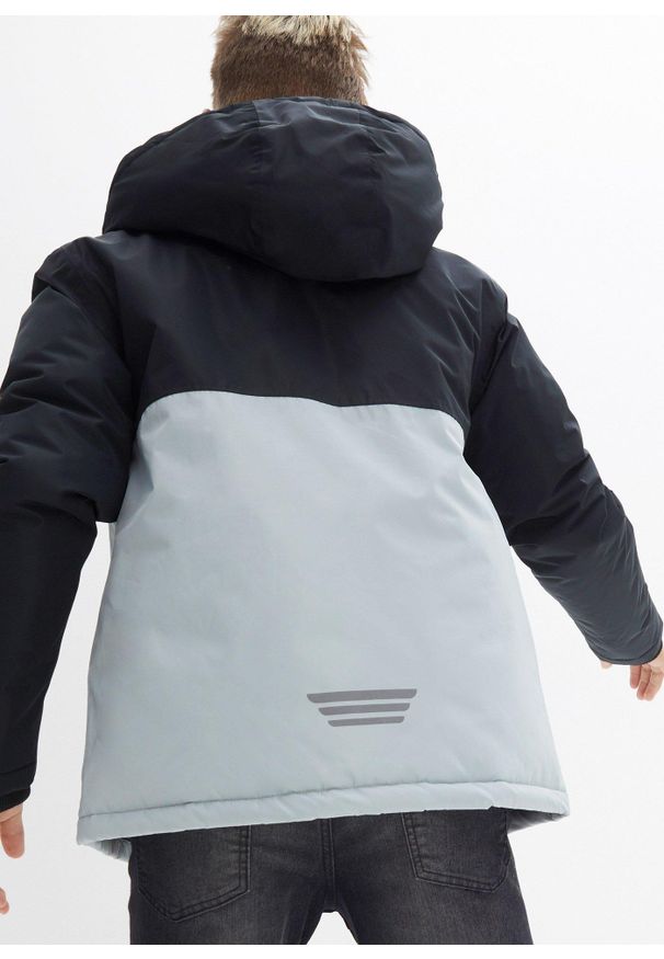 bonprix - Wodoodporna kurtka zimowa z kapturem i blokami kolorów. Typ kołnierza: kaptur. Kolor: czarny. Sezon: zima