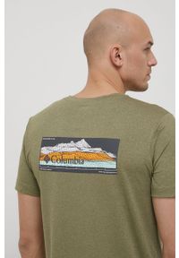 columbia - Columbia t-shirt sportowy Tech Trail Graphic kolor zielony z nadrukiem. Kolor: zielony. Materiał: materiał, skóra, włókno. Wzór: nadruk. Styl: sportowy