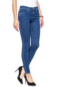 Wrangler - WRANGLER HIGH RISE SKINNY BLUE NOISE W27HFS047. Stan: podwyższony. Wzór: jednolity, aplikacja #6