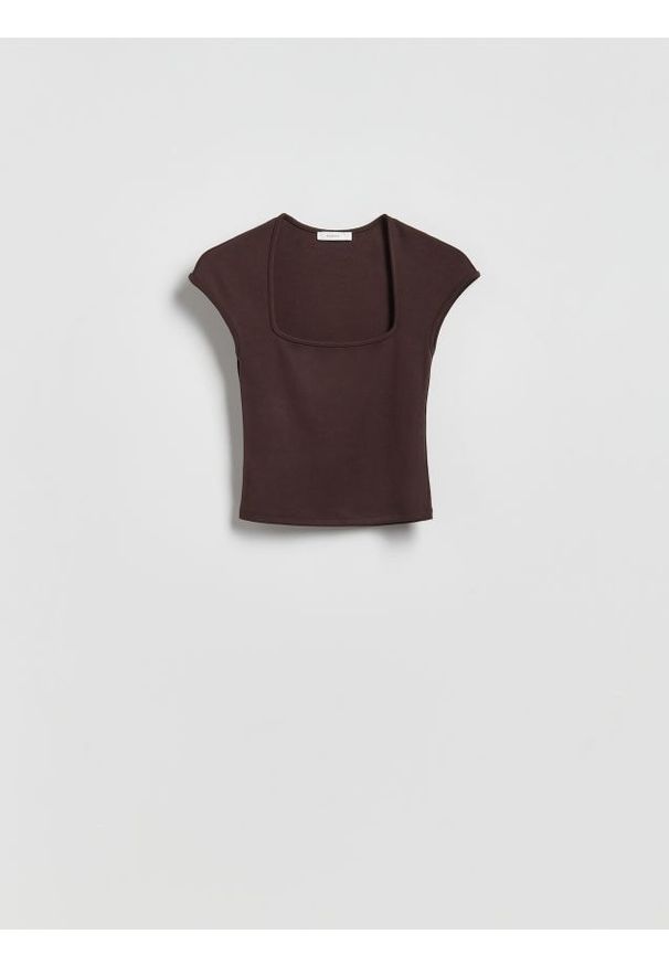 Reserved - T-shirt z wiskozą - ciemnobrązowy. Kolor: brązowy. Materiał: wiskoza