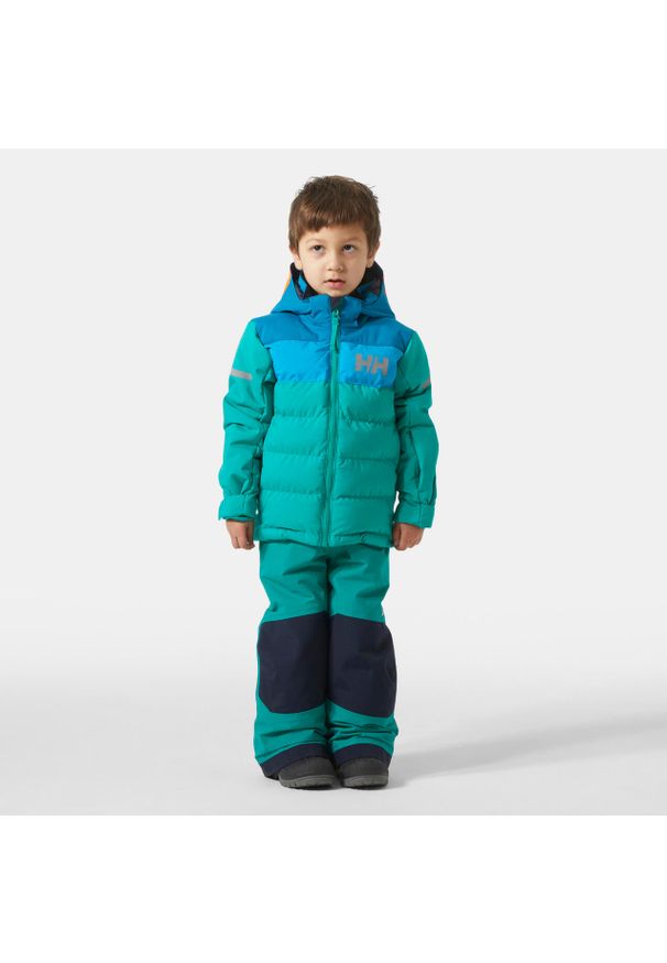 Kurtka dziecięca z kapturem Helly Hansen Vertical. Typ kołnierza: kaptur. Kolor: zielony. Materiał: puch. Sezon: zima. Sport: narciarstwo